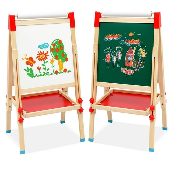 Ealing Kids Easel with Paper Roll,Double-Sided Adjustable Wooden Standing Easel for Toddler Ages 3+Boys, Girls