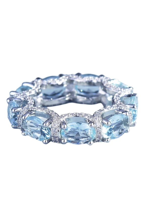 E Elegant Micro Pave Full Diamond Aquamarine Ring Princess Lace Edging Gemstone Jewelry Gift For Women Silver Tone Adjustable Size