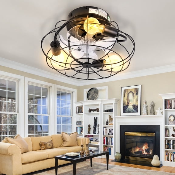 Energetic 16" Industrial Indoor Caged Ceiling Fan with Light and Remote, Timmer 6-Speed DC Motor, 7 Blades and Reverse Airflow, 3 Lights E26 Base, Black
