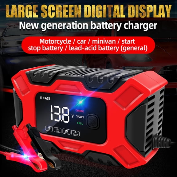 E-FAST TK-300 Fully Automatic Car Battery Charger 12V 6A Maintainer Desulfator with LCD Display, Red EU Plug