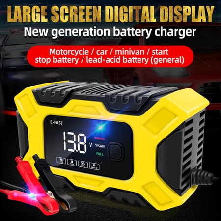 E-FAST TK-300 Smart Car Battery Charger 12V 6A Maintainer Desulfator with LCD Display, Yellow US Plug