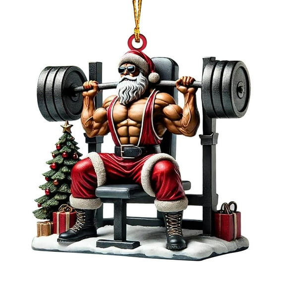 E Fitness Muscle Santa Acrylic Christmas Ornament Double Sided Print Hanging Decoration For Tree Decor Holiday Party And Coworker Gift Exchange