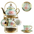 thumbnail image 1 of E-Greetshopping 20-Piece Ceramic Tea Coffee Set - Exquisite 6 - Person Floral - Green with Gold Floral Design, Teapot with Spout and Metal Holder, 1 of 9