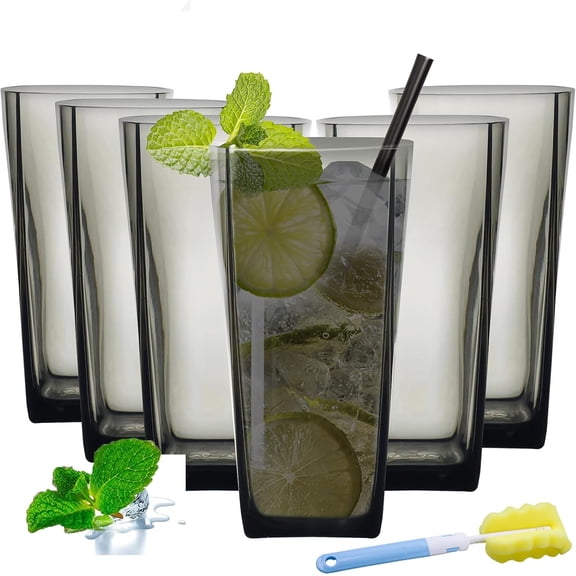 E-Greetshopping 6-Pack 20oz Grey Shatterproof Plastic Drinking Cups, Glass like Reusable BPA Free Dishwasher Safe Tumblers for Kitchen Party Daily U