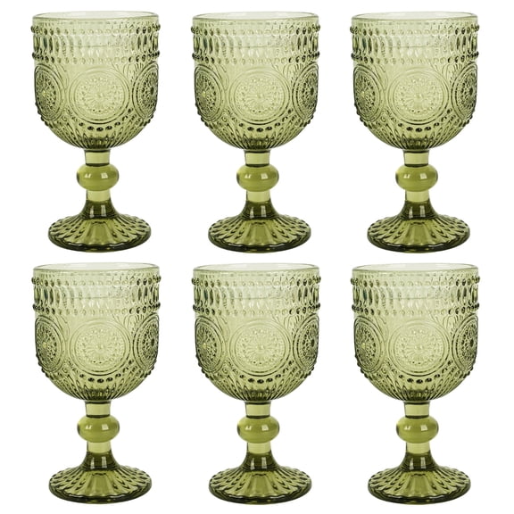 E-Greetshopping 6-Piece Vintage Embossed Green Glass Wine Goblets Set - 10oz Lead-Free, Durable Drinkware for Weddings, Parties