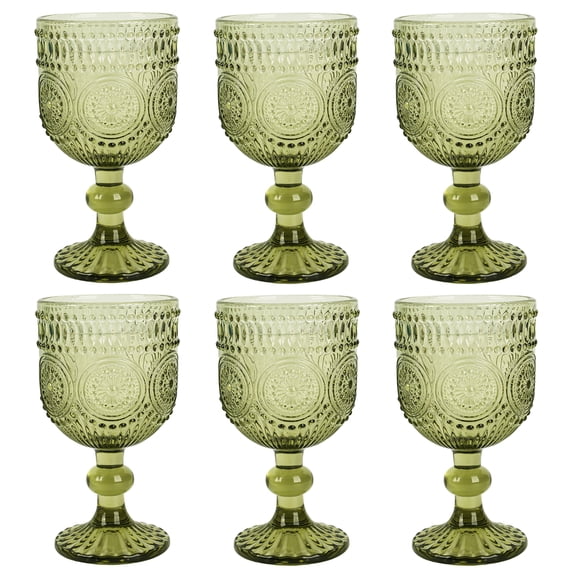 E-Greetshopping 6-Piece Vintage Embossed Green Glass Wine Goblets Set - 10oz Lead-Free, Durable Drinkware for Weddings, Parties