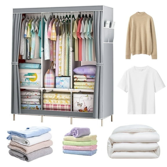 E-Greetshopping Portable Closet Organizer, 67"x49"x18" Wardrobe Closet with 3 Hanging Rods, 6 Clothes Storage Organizer Shelves, Easy to Assemble, Dustproof Non-woven Fabric Closet Storage(Silver)