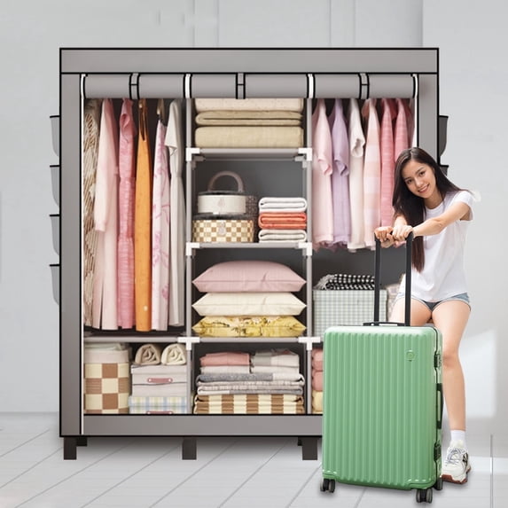 Portable Closet, 68"x51"x18" Wardrobe Closet with 2 Hanging Rods, 8 Clothes Storage Organizer Shelves, Easy to Assemble, Dustproof Non-Woven Fabric for Bedroom(E-Greetshopping )