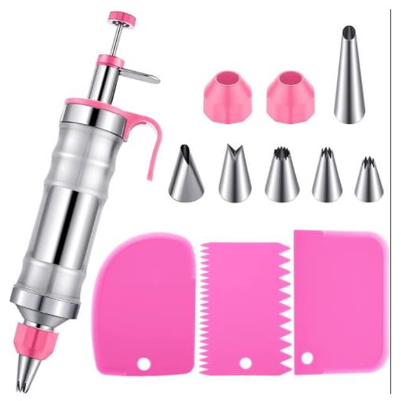 Cake Decorating Gun Set (pink) +3 pinkscrapers +24.5cm handle cleaning brush + 15cm cleaning brush