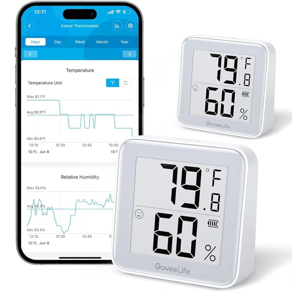 E-Ink Bluetooth Thermometer Hygrometer, Smart Digital Indoor Wireless Temperature Humidity Sensor with Alert, Free Data Storage Export, for Home Room Greenhouse Wall, 2 Pcak (with Battery)