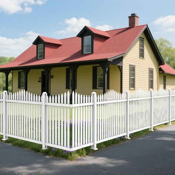 E&K 34.6"H x 84"W White Picket Fence Panels Vinyl Decorative Fencing for Pool Front Porch Yard Garden Patio (34 Pickets, Curved)