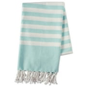 E-Living Store 100% Cotton, Soft & Absorbent Decorative Turkish Fouta Towel with Twisted Fringe for Home, Beach, Pool, or Décor, Use As Blanket or Throw - Aqua Stripe