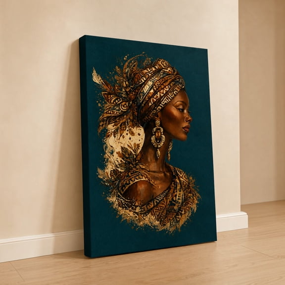 E-Macom LLC _African Queen Canvas Wall Art, Elegant Black Woman Portrait Decor, Afrocentric Cultural Artwork (1.5in frame)(Vertical 12x18")
