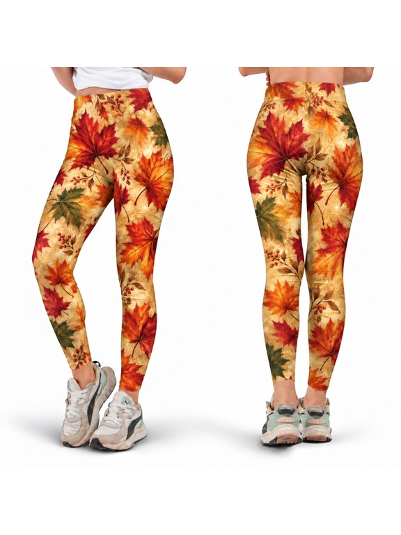 Autumn Maple Leaf Yoga Pants, Orange Red Fall Foliage Leggings, Golden Harvest High Waist Fitness Tights