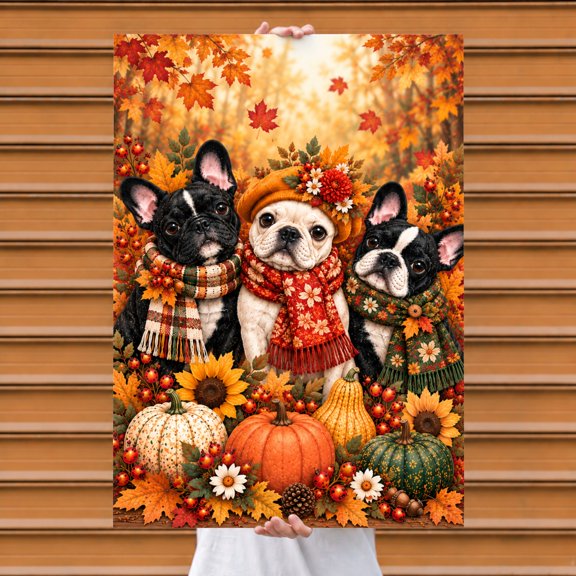 E-Macom LLC Autumn Pumpkins Dog Wall Art, French Bulldogs Poster Print, Fall Flower Garden Dog Artwork