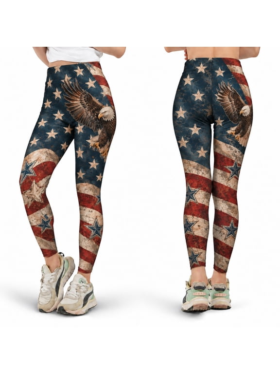 Bald Eagle Leggings, American Flag Stars and Stripes High Waist Yoga Pants, Patriotic Eagle Printed Leggings