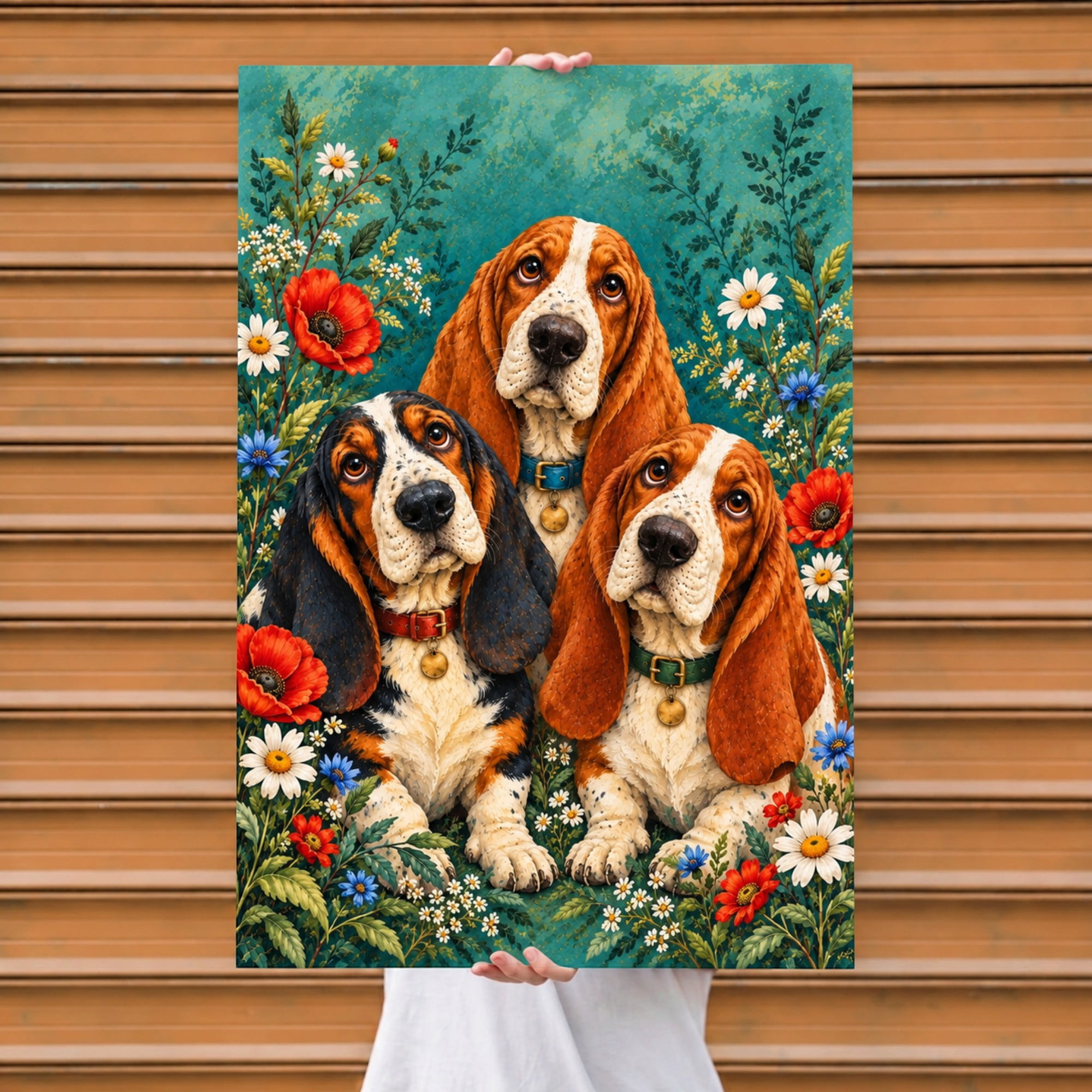 Daisy Rint E-Macom LLC Basset Hound Dogs Poster Print, Poppy Daisy Garden Dog ...
