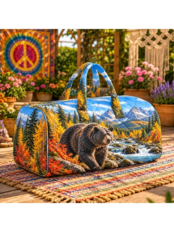 Bear Forest Quilted Weekender Bag, Mountain River Autumn Wildlife Travel Duffel Bag