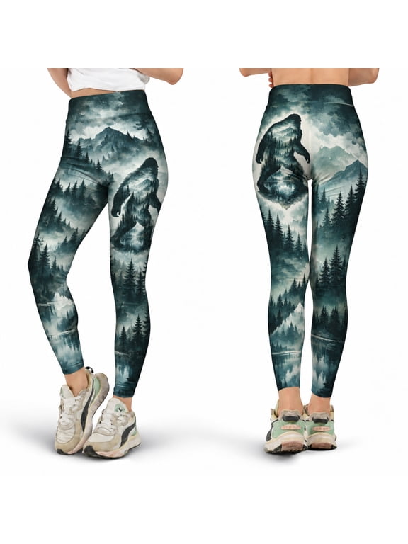 Bigfoot Forest High Waist Leggings, Sasquatch Mountain Landscape Yoga Pants, Wilderness Pine Stretch Leggings