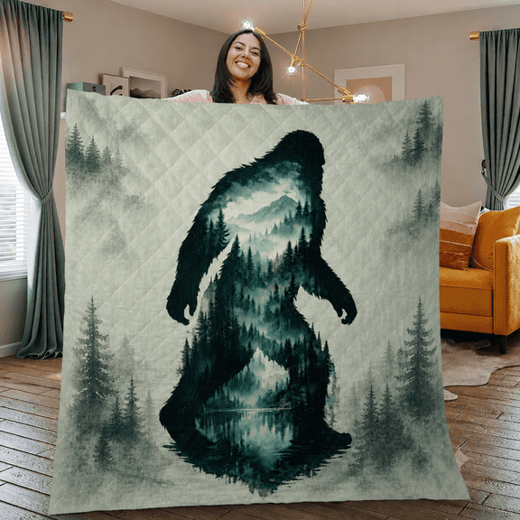 E-Macom LLC Bigfoot Forest Silhouette Quilt Blanket, Misty Mountain Woodland Bed Quilt (55x60")