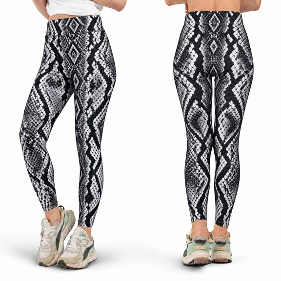E-Macom LLC Black Gray Snakeskin All Over Print Leggings, Monochrome Python Scales Workout Pants, Reptile Inspired Pattern Yoga Leggings