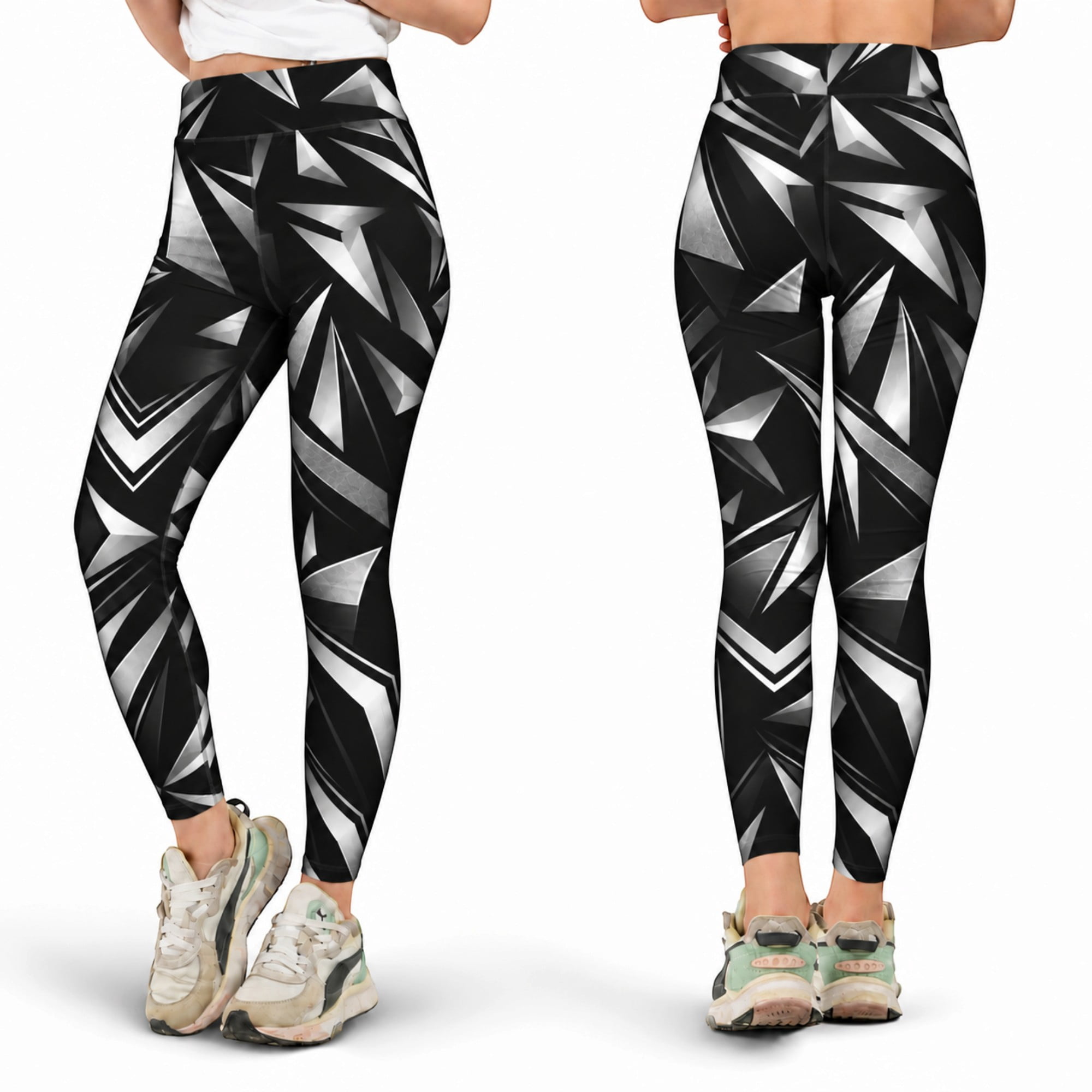 E-Macom LLC Black Silver Geometric High Waist Leggings, Sharp Diamond ...