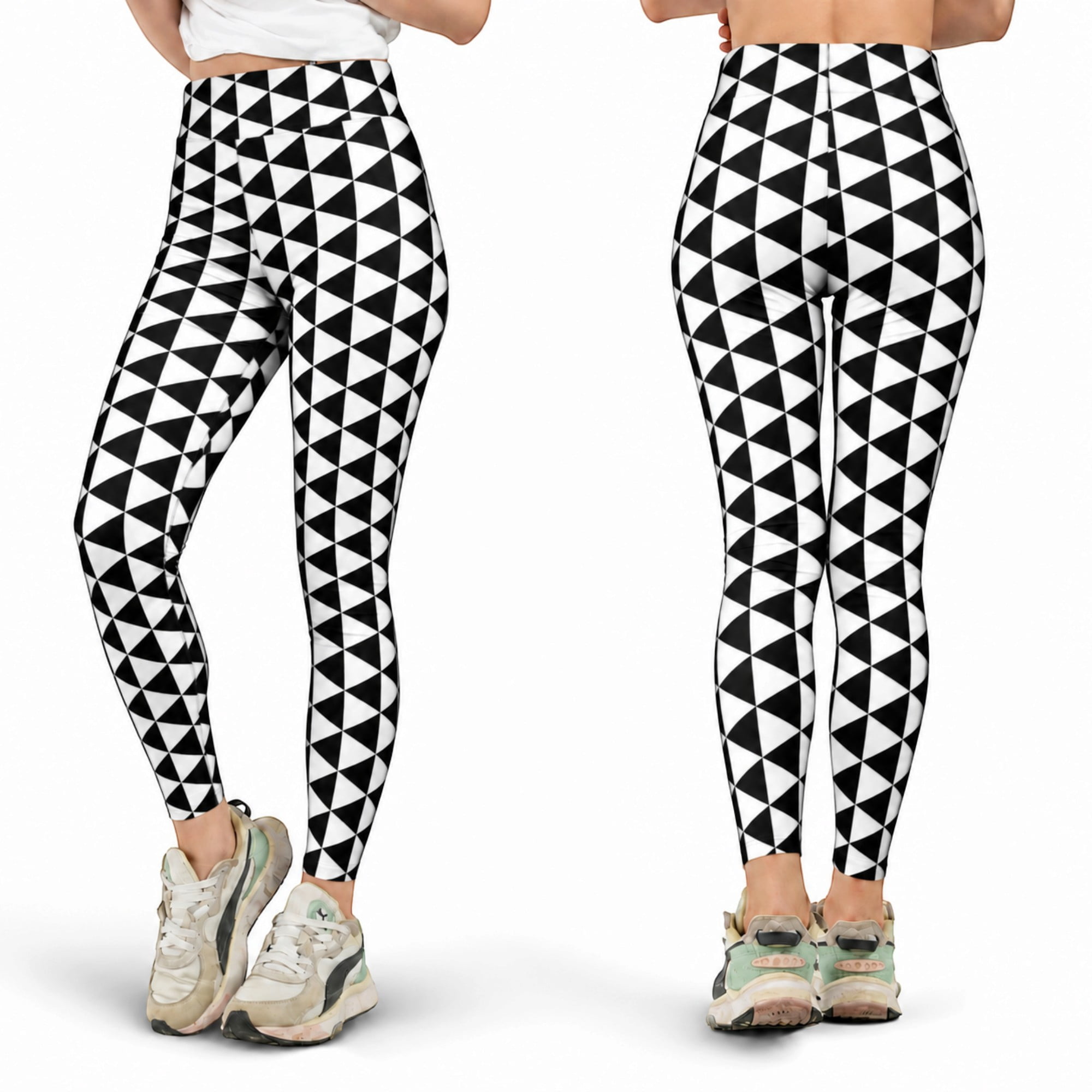 Doimond Triangle E-Macom LLC Black White Triangle Grid Leggings, Bold Optical Geometric ...