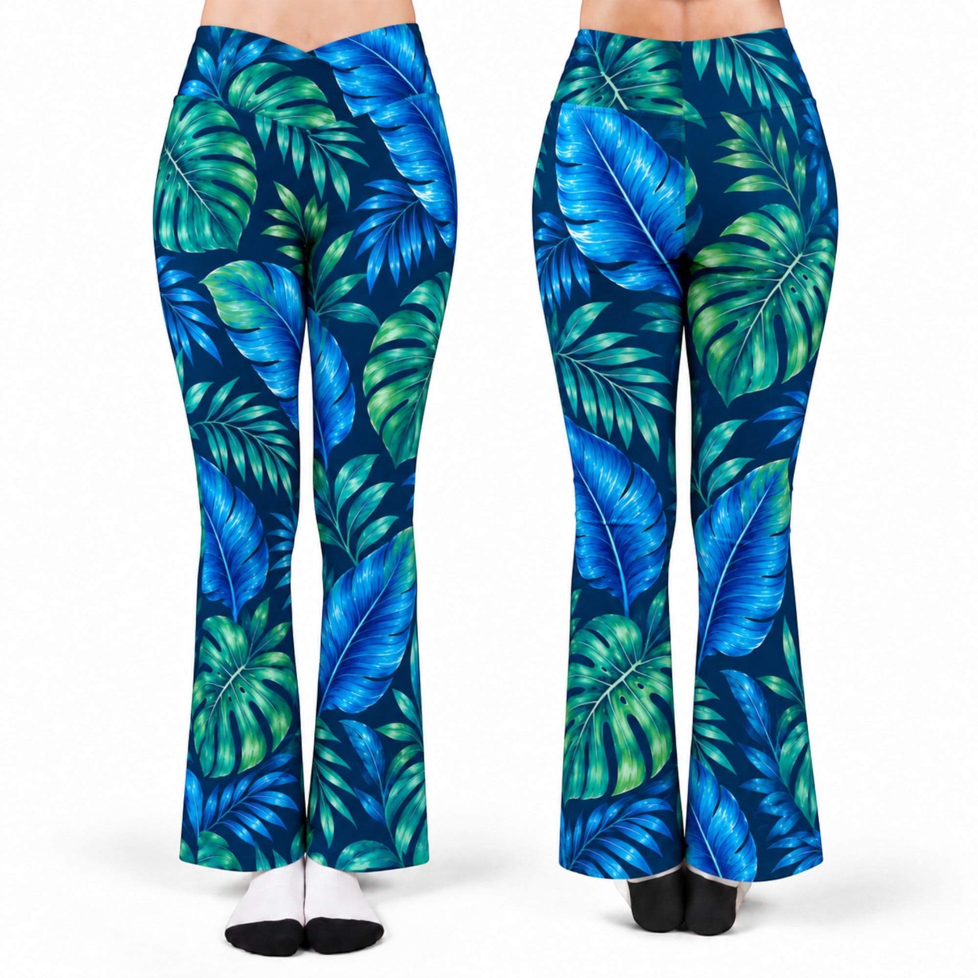 E-Macom LLC Blue Green Tropical Flare Pants, Monstera Banana Leaf ...
