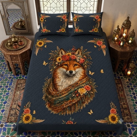 E-Macom LLC Boho Floral Fox Quilt Bed Set, Woodland Wildflower Fox Bedroom Quilt with Matching Pillowcases (Fold Hem) ( 80x90")