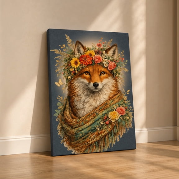 E-Macom LLC _Boho Fox Canvas Wall Art, Woodland Floral Fox Decor, Cottagecore Animal Artwork For Rustic Home (1.5in frame)(Vertical 16x24")