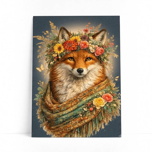 E-Macom LLC _Boho Fox Poster Print, Woodland Fox Floral Crown Wall Art, Cottagecore Animal Decor, Rustic Nature Artwork (Vertical 8x12")