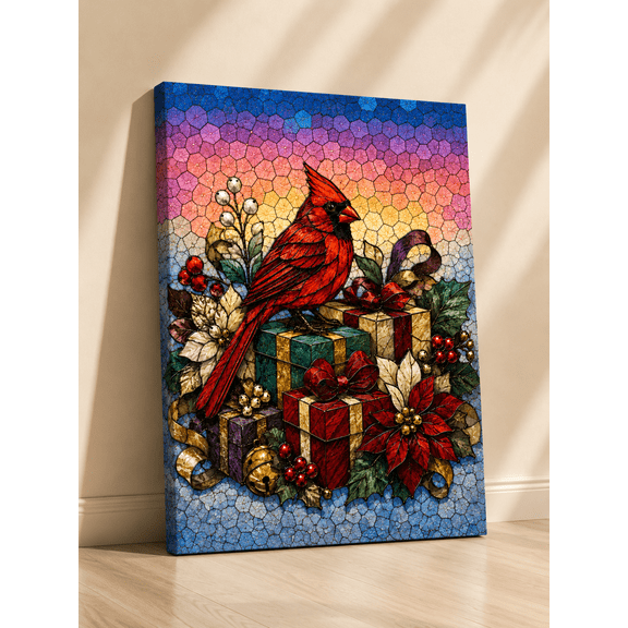 E-Macom LLC Cardinal Christmas Wall Art Canvas, Stained Glass Red Bird Print with Holiday Gifts, Festive Winter Home Décor (Vertical 16x24")