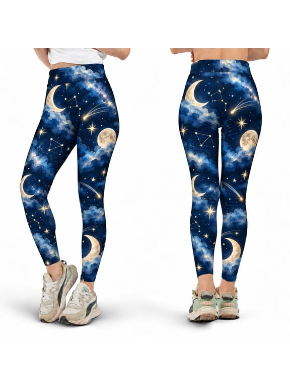 Celestial Moon and Stars Leggings, Blue Galaxy Cloud High Waist Yoga Pants, Constellation Night Sky Pattern