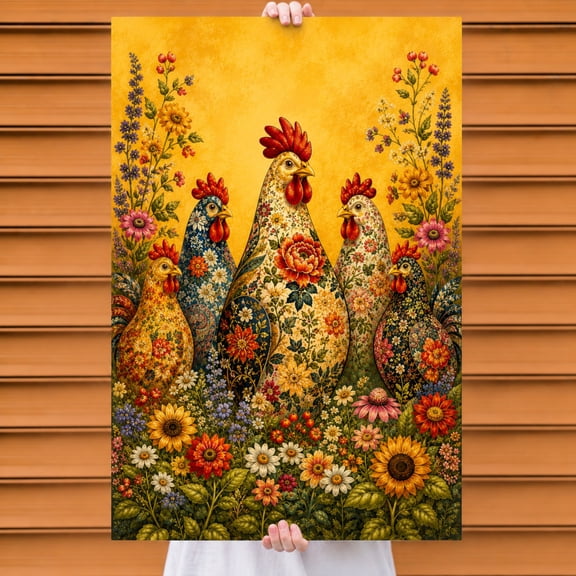 E-Macom LLC Chicken Poster, Colorful Floral Hen Wall Art, Vintage Patchwork Farmhouse Poultry Print, Rustic Country Kitchen Décor