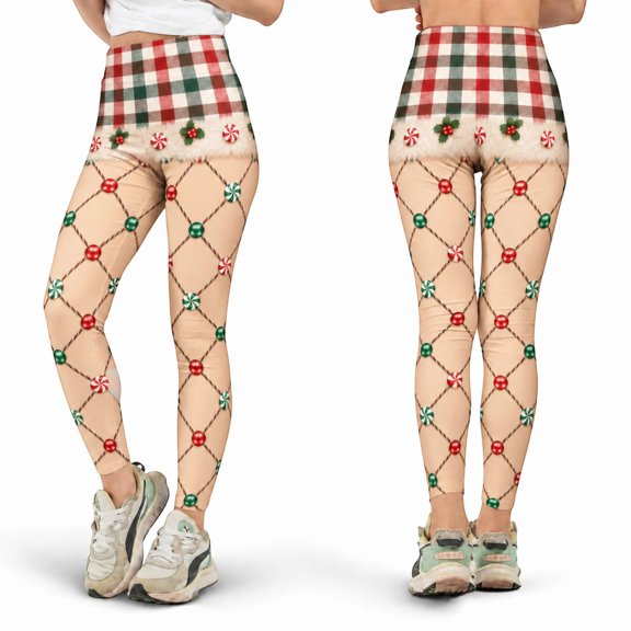 E-Macom LLC Christmas Garland Lattice Print Leggings, Red Green Holiday Lights Yoga Pants, Cream Festive Diamond Pattern Stretch Leggings