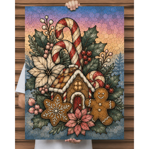 E-Macom LLC Christmas Gingerbread House Poster, Stained Glass Holiday Wall Art Print with Candy Canes, Cookies