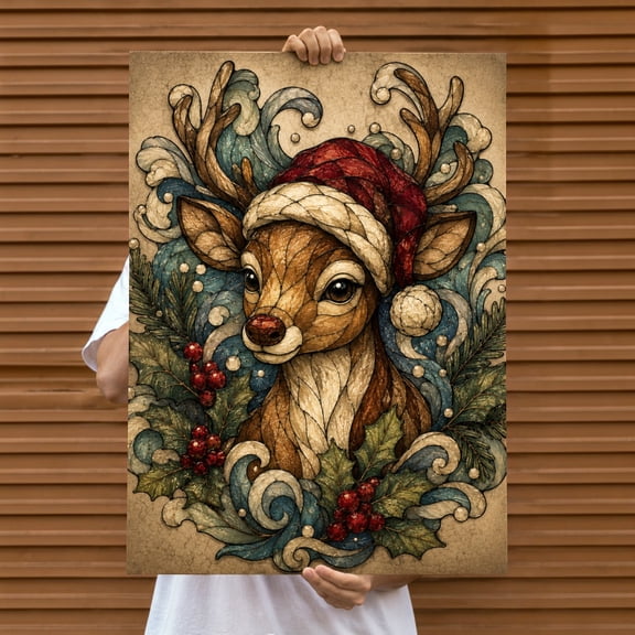 E-Macom LLC_Christmas Reindeer Poster, Stained Glass Winter Wall Art Print, Holiday Deer Decor for Home and Office (Vertical 8x12")