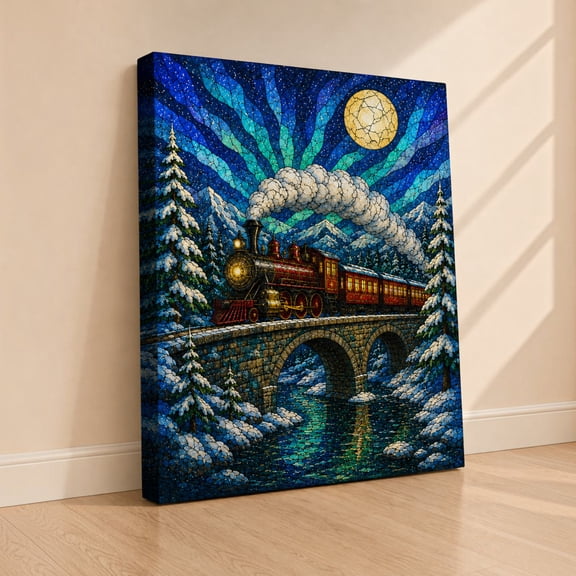 E-Macom LLC_Christmas Train Stained Glass Canvas Wall Art, Winter Railway Decor, Snowy Mountain Canvas Print (1.5in frame)(Vertical 8x12")