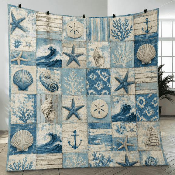 E-Macom LLC Coastal Seashell Quilt Blanket, Nautical Starfish Beach Ocean Bed Quilt, Coastal Home Decor (55x60")