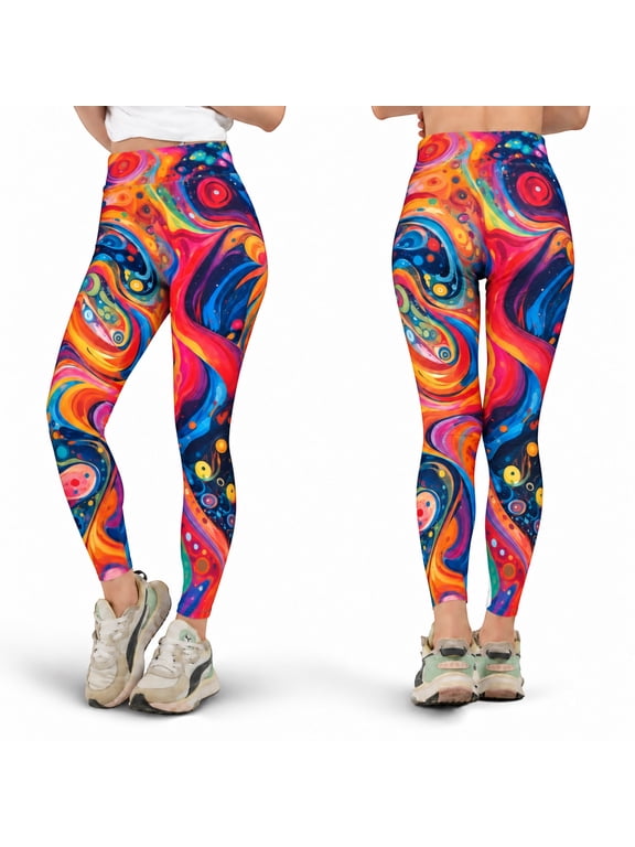 Colorful Abstract Swirl Leggings, Psychedelic Rainbow Art High Waist Yoga Pants, Vibrant Fluid Pattern Leggings