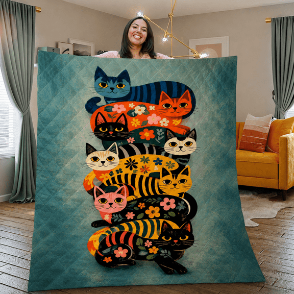 E-Macom LLC Colorful Stacked Cats Quilt Blanket, Folk Art Cat Bed Quilt, Whimsical Bedroom Decor (70x80")