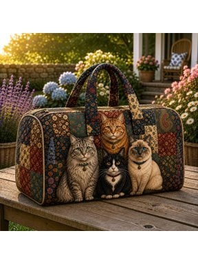 Cute Cat Quilted Weekender Bag, Four Cats Patchwork Travel Duffel Bag, Vintage Feline Floral Quilted Overnight Bag