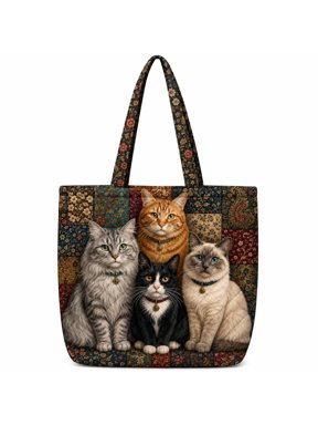 Cute Cats Quilted Tote Bag, Cat Family Vintage Floral Patchwork Shoulder Tote Bag