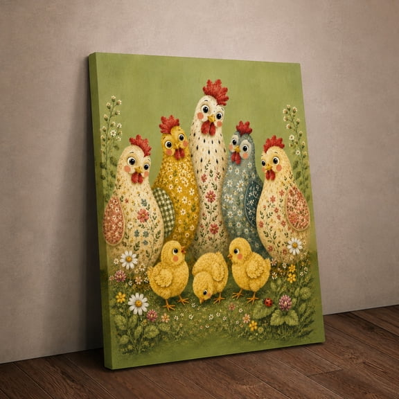 E-Macom LLC Cute Chicken Family Canvas Wall Art, Floral Hens and Chicks Canvas Print, Whimsical Farm Animal Country Cottage Decor