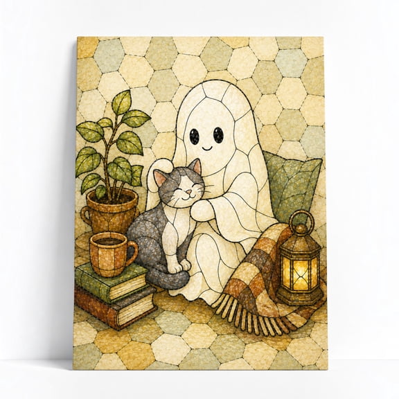 E-Macom LLC _Cute Ghost and Cat Poster Print, Stained Glass Cat Lover Wall Art, Cottagecore Pet Decor Artwork