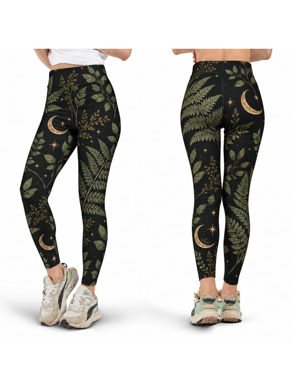 Dark Botanical Moon Leggings, Fern Leaf Celestial High Waist Pants, Crescent Moon Yoga Leggings