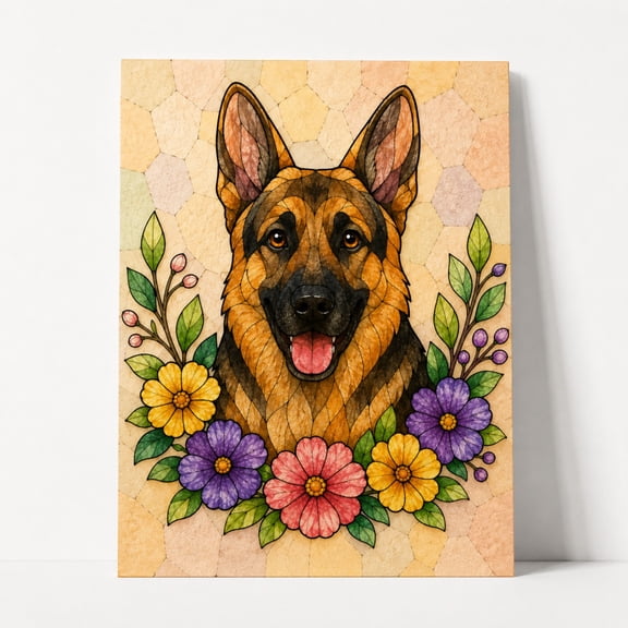 E-Macom LLC _Dog Poster Print, Stained Glass Floral Wall Art, Cute Puppy Lover Decor, Colorful Pet Portrait Artwork