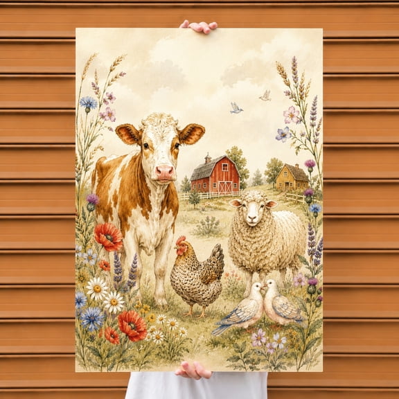 E-Macom LLC Farm Animal Poster, Cow Sheep Chicken Floral Wall Art, Rustic Barnyard Print, Country Farmhouse Home Decor