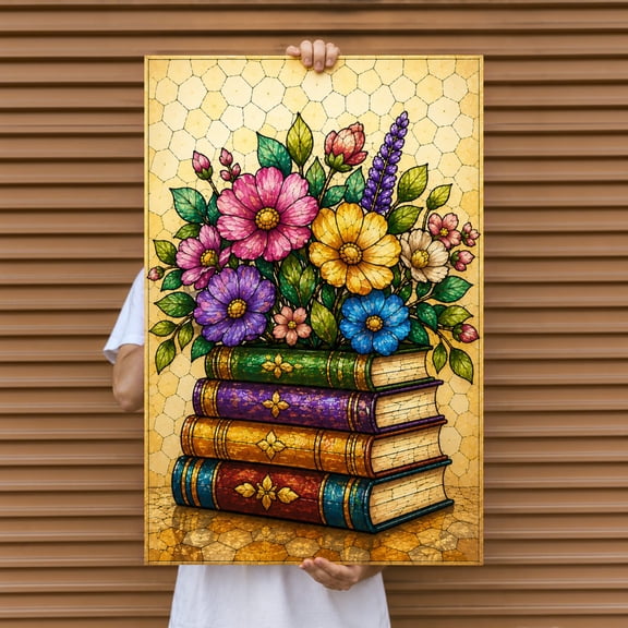 E-Macom LLC _Floral Book Stack Poster Print, Colorful Flower and Books Wall Art, Reading Lover, Library Decor (Vertical 16x24")