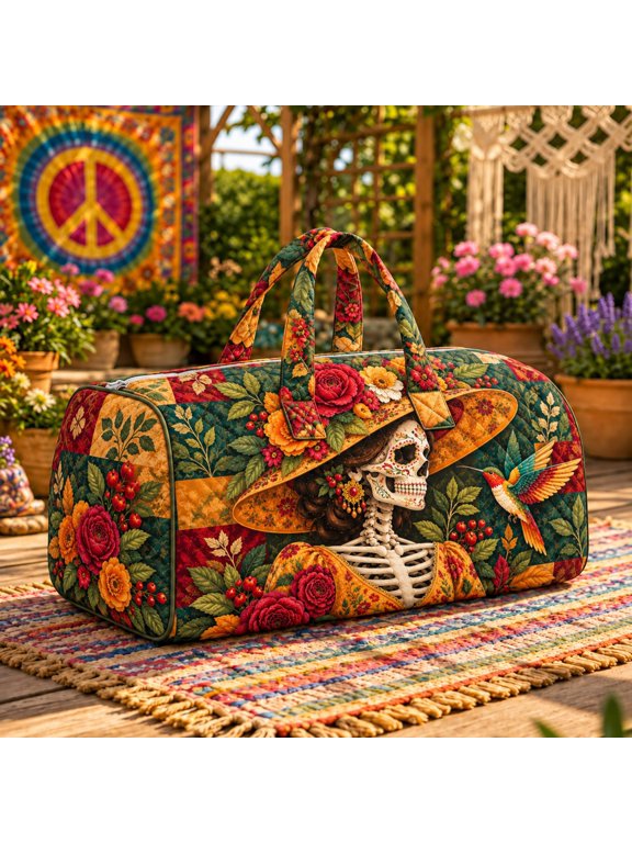 Floral Skeleton Woman Weekender Bag, Rose Sombrero Gothic Floral Travel Duffel Bag